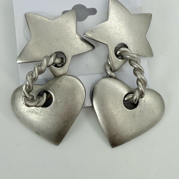 Vintage Big Metal Star Heart Dangle Earrings Silver Tone Made in USA Gift Style - Picture 5 of 5